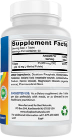 Best Naturals Metilfolato 15000 mcg (15 mg) - 60 Comprimidos - Forma Activa de Ácido Fólico