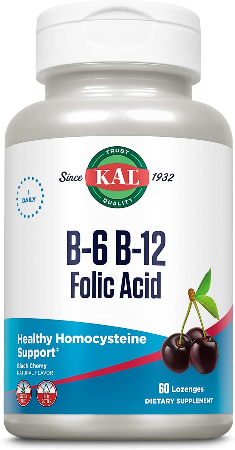 KAL Vitamina B-6 B-12 Ácido Fólico, 60 Pastillas - Metilcobalamina, Folato, Sin Gluten, Sabor Cereza Natural