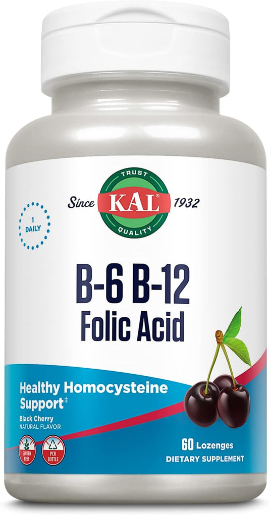 KAL Vitamina B-6 B-12 Ácido Fólico, 60 Comprimidos - Metilcobalamina, Folato, Sin Gluten, Sabor Cereza Natural