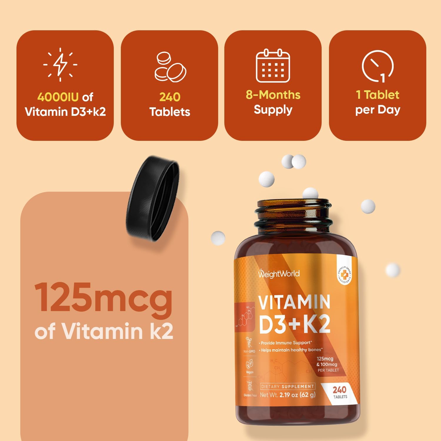 WeightWorld Vitamina D3 4000 UI + K2 (MK-7) 125mcg - 240 Comprimidos Veganos