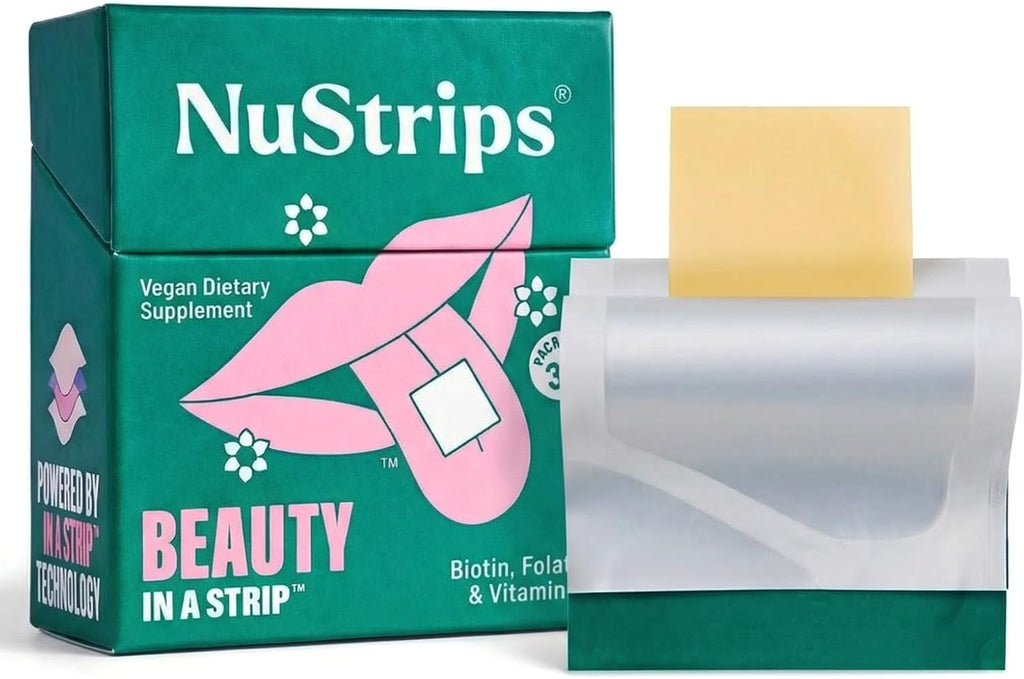 NuStrips Fast-Dissolving Beauty Strips con Biotina, Folato y Vitamina E – 30 tiras sabor fresa