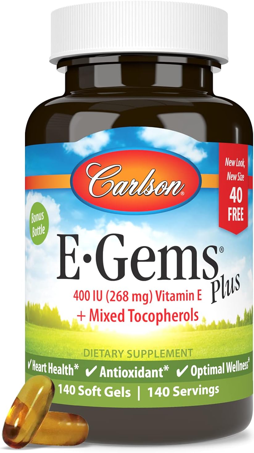Carlson - E-Gems Plus, 400 IU (268 mg), Natural-Source Vitamin E, Optimal Wellness, 140 Soft Gels