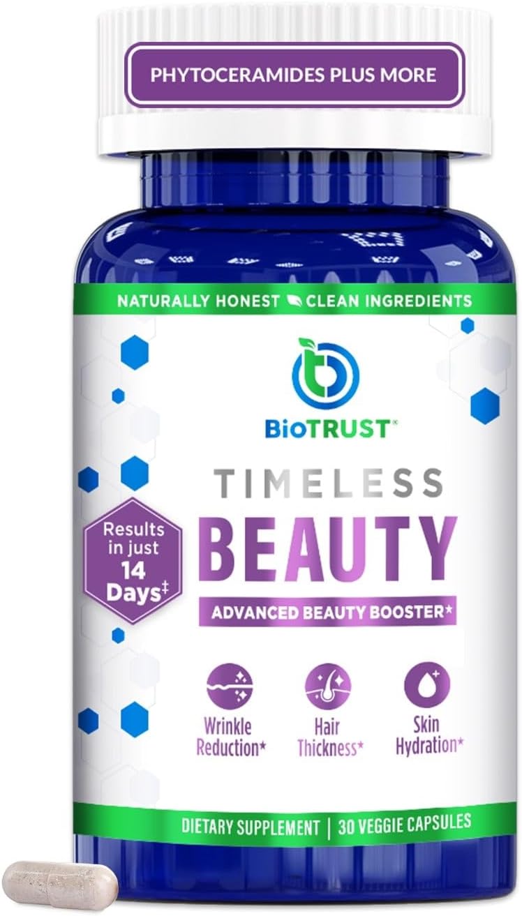BioTrust Timeless Beauty Ceramide Booster - Complemento de Fito Ceramidas para Cabello y Piel + Vitamina C, Vitamina E, Biotina, Zinc, Ácido Hialurónico - 30 Cápsulas