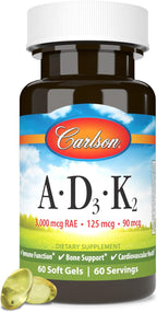 Carlson Vitaminas A, D3, K2 (MK-7) - 3000 mcg RAE Vitamina A, 125 mcg Vitamina D3, 90 mcg Vitamina K2 - 60 Cápsulas Blandas
