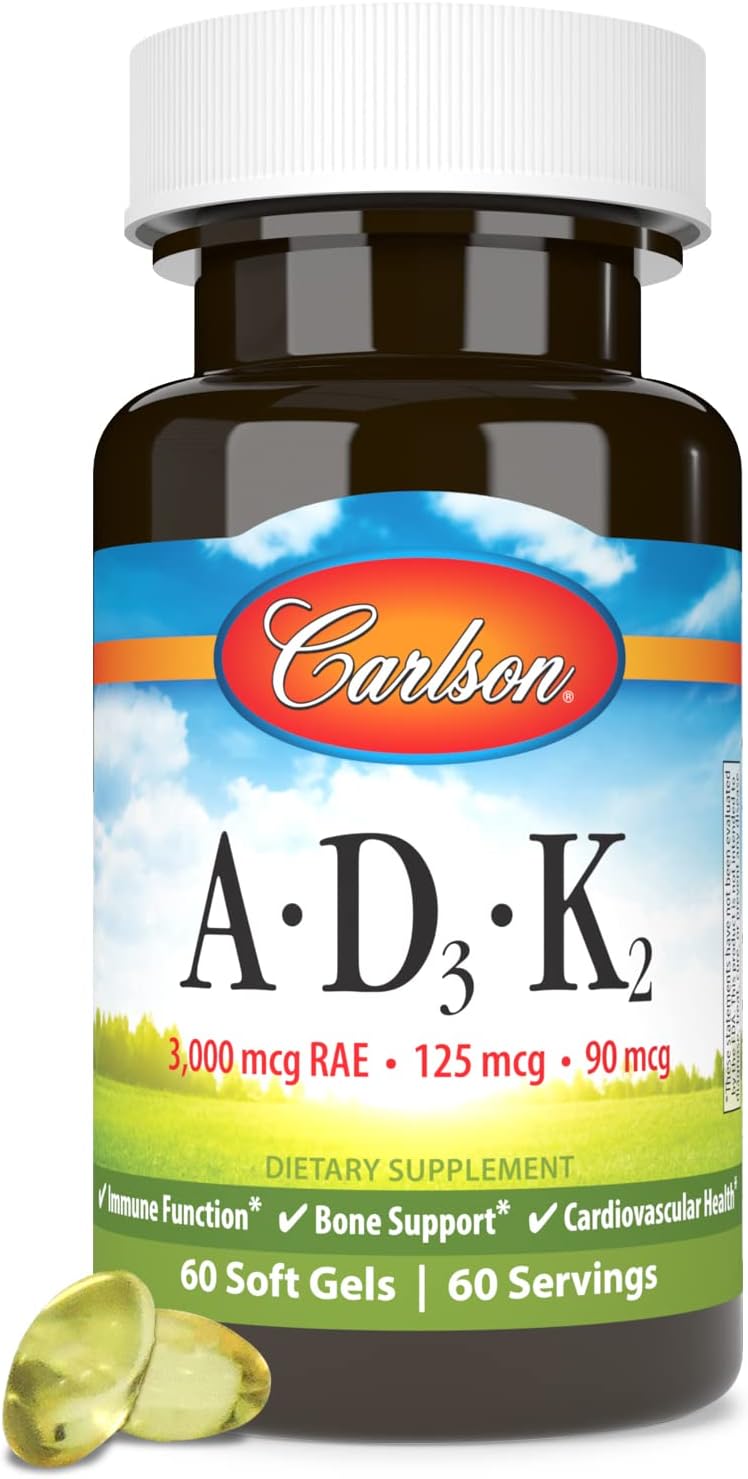 Carlson Vitaminas A, D3, K2 (MK-7) - 3000 mcg RAE Vitamina A, 125 mcg Vitamina D3, 90 mcg Vitamina K2 - 60 Cápsulas Blandas