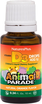 NaturesPlus Animal Parade Gotas Líquidas de Vitamina D3 para Niños - 400 UI, 10 ml - Sabor Naranja - Apoyo Óseo e Inmunológico - Sin Gluten, Vegetariano - 365 porciones