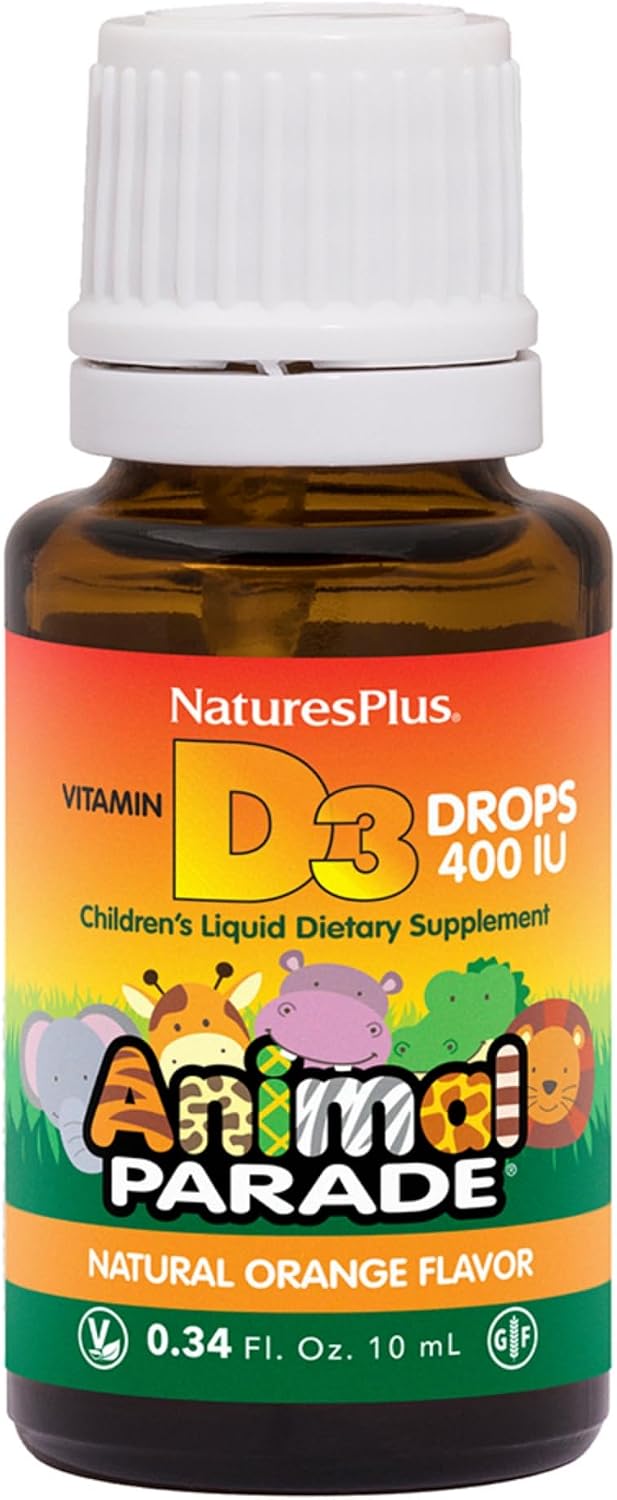 NaturesPlus Animal Parade Gotas Líquidas de Vitamina D3 para Niños - 400 UI, 10 ml - Sabor Naranja - Apoyo Óseo e Inmunológico - Sin Gluten, Vegetariano - 365 porciones