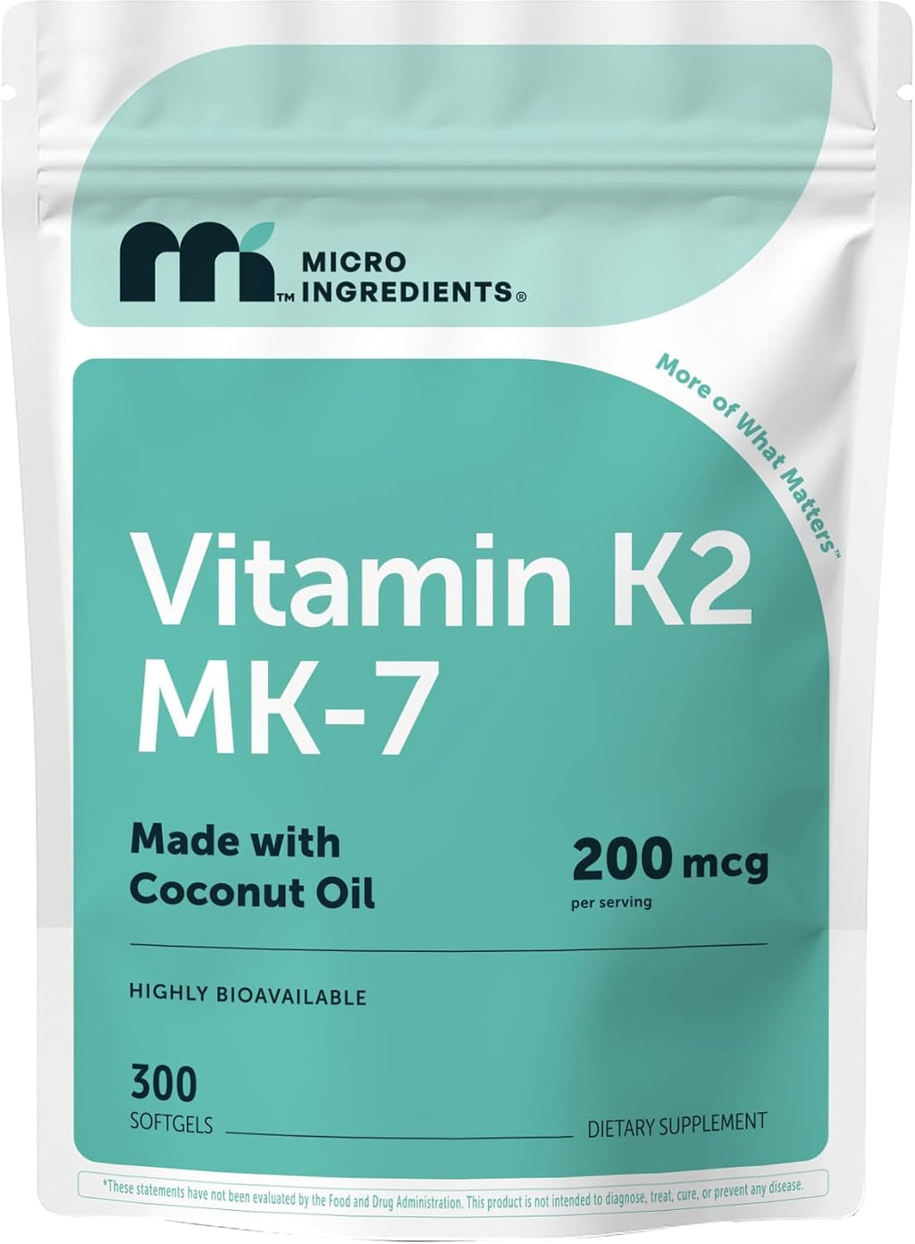 Micro Ingredients Vitamina K2 MK-7 200 mcg, 300 Cápsulas Blandas con Aceite de Coco