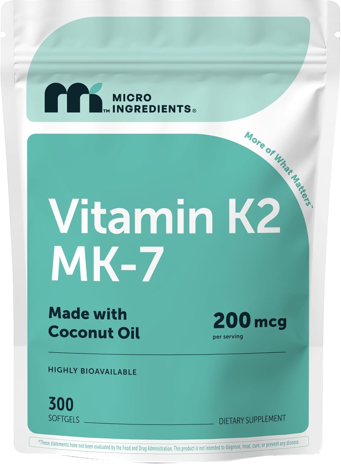 Micro Ingredients Vitamina K2 MK-7 200 mcg, 300 Cápsulas Blandas con Aceite de Coco