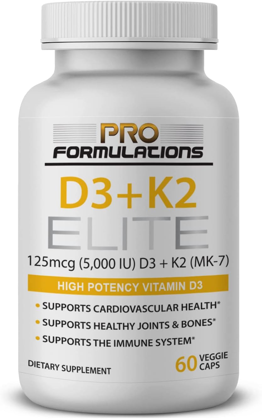 Pro Formulations MD D3 + K2 Elite – Vitamina D3 + Vitamina K2 – 60 Días – Alta Potencia, MK-7 Biodisponible