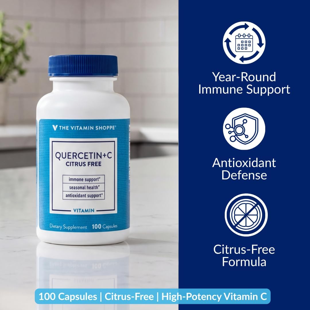 The Vitamin Shoppe Quercetina + C Sin Cítricos, 1400 mg de Vitamina C y 500 mg de Quercetina, 100 Cápsulas