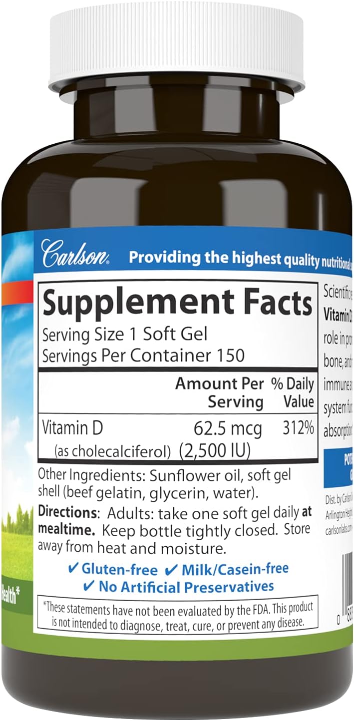 Carlson - Vitamina D3 2500 UI (62.5 mcg), 150 Cápsulas Blandas