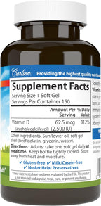 Carlson - Vitamina D3 2500 UI (62.5 mcg), 150 Cápsulas Blandas