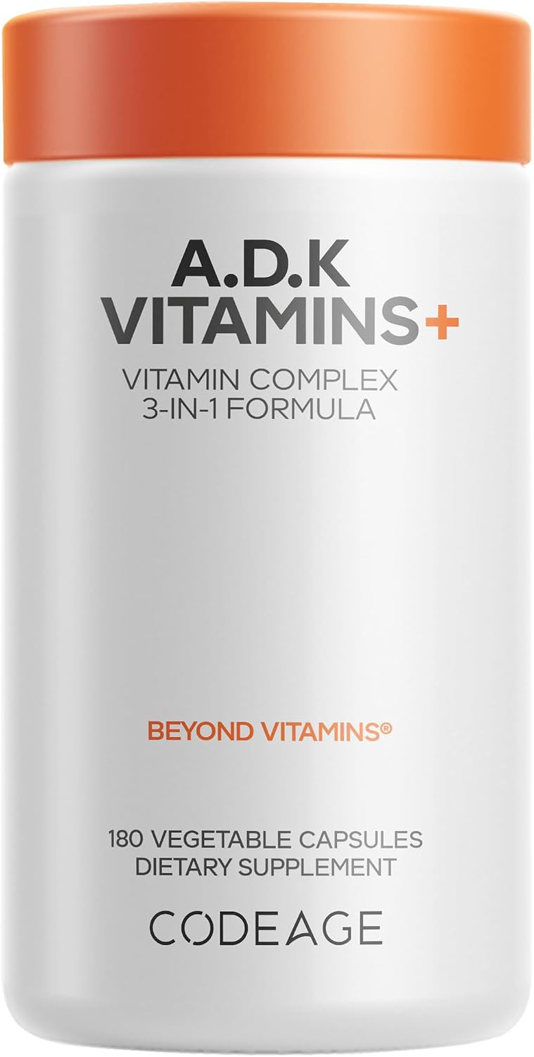 Codeage ADK Vitaminas A, D3, K1 y K2 (MK4 y MK7) - 180 Cápsulas - Suministro para 6 Meses