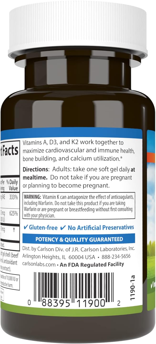 Carlson Vitaminas A, D3, K2 (MK-7) - 3000 mcg RAE Vitamina A, 125 mcg Vitamina D3, 90 mcg Vitamina K2 - 60 Cápsulas Blandas