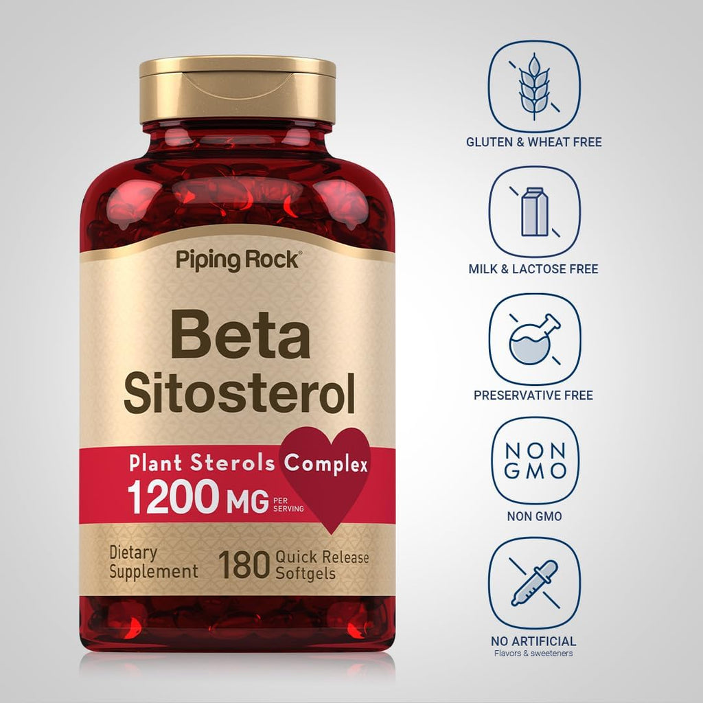 Piping Rock Beta Sitosterol para Hombres | 1200 mg | 180 Cápsulas Blandas | Esteroles Vegetales | No Transgénico, Sin Gluten