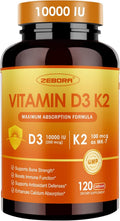 ZEBORA Vitamina D3 K2 - Máxima Potencia 10000 UI D3 y 100 mcg K2 como MK-7 - Salud Ósea, Cardíaca e Inmunológica - Sin Gluten, No GMO, 120 Cápsulas