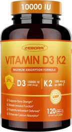 ZEBORA Vitamina D3 K2 - Máxima Potencia 10000 UI D3 y 100 mcg K2 como MK-7 - Salud Ósea, Cardíaca e Inmunológica - Sin Gluten, No GMO, 120 Cápsulas