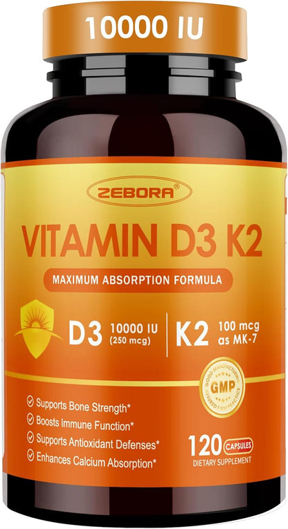 ZEBORA Vitamina D3 K2 - Máxima Potencia 10000 UI D3 y 100 mcg K2 como MK-7 - Salud Ósea, Cardíaca e Inmunológica - Sin – Image 1