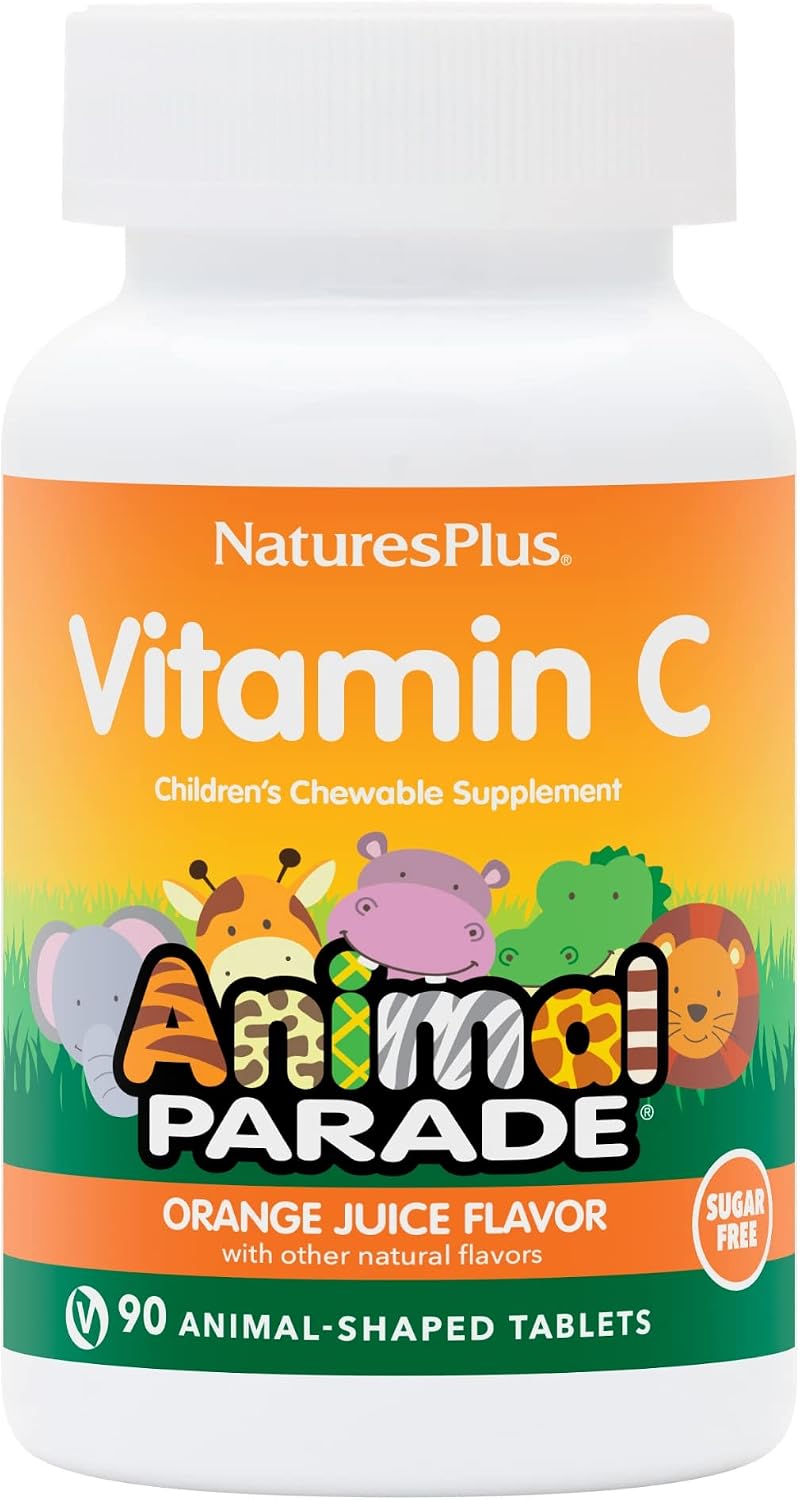 NaturesPlus Animal Parade Vitamina C Sin Azúcar para Niños, Sabor Natural a Zumo de Naranja - 90 Comprimidos Masticables con Forma de Animales - Apoyo Inmunológico - Sin Gluten - 45 Dosis