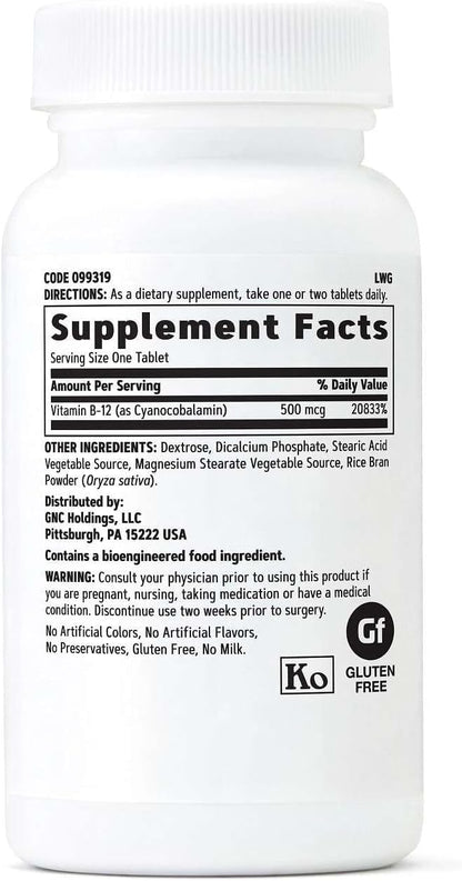 GNC Vitamina B-12 500mcg - 100 Comprimidos – Formación normal de glóbulos rojos: Es necesaria para la producción – Image 2