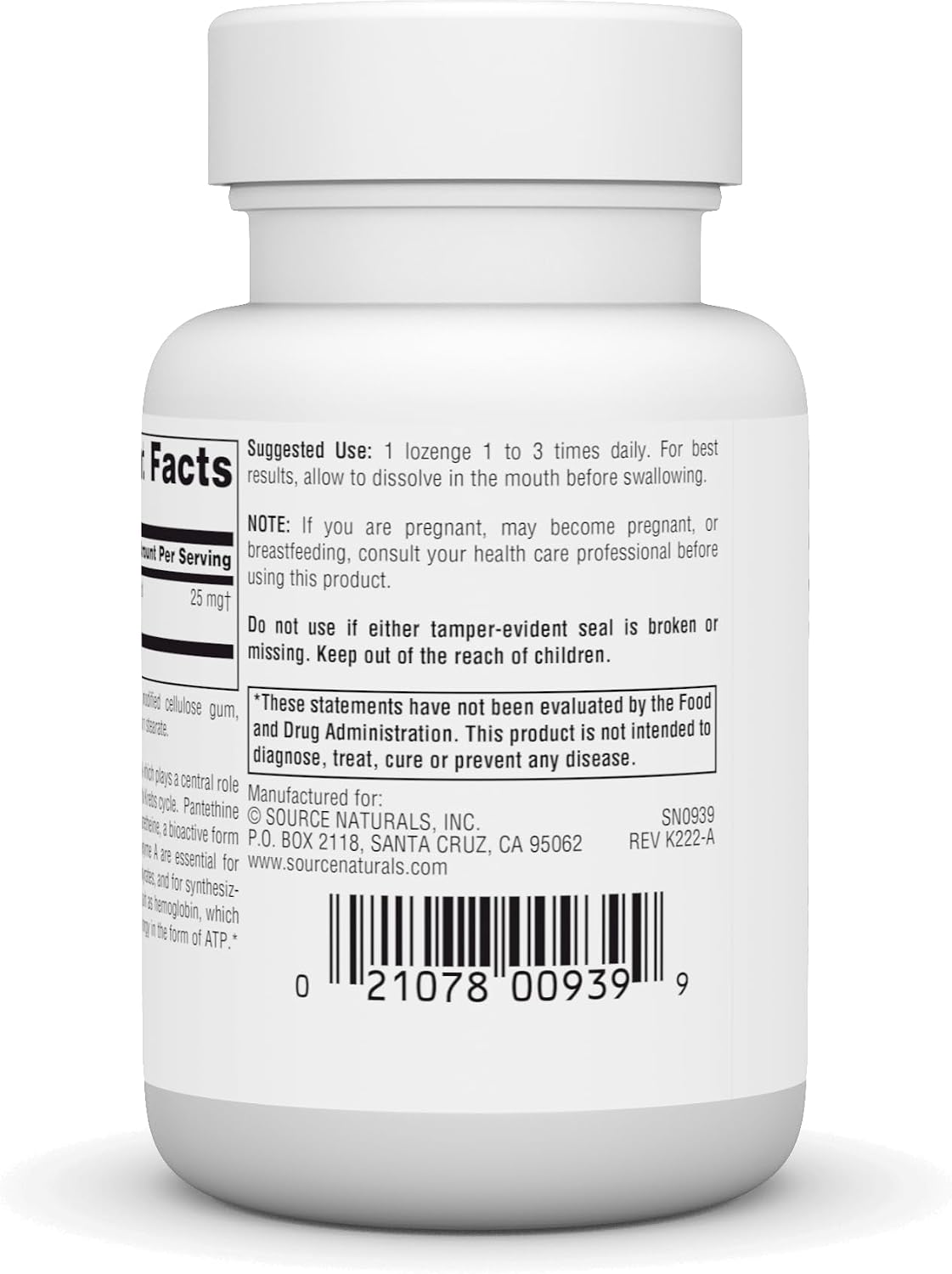 Source Naturals Pantetina B-5, 25 mg – 60 Pastillas Masticables