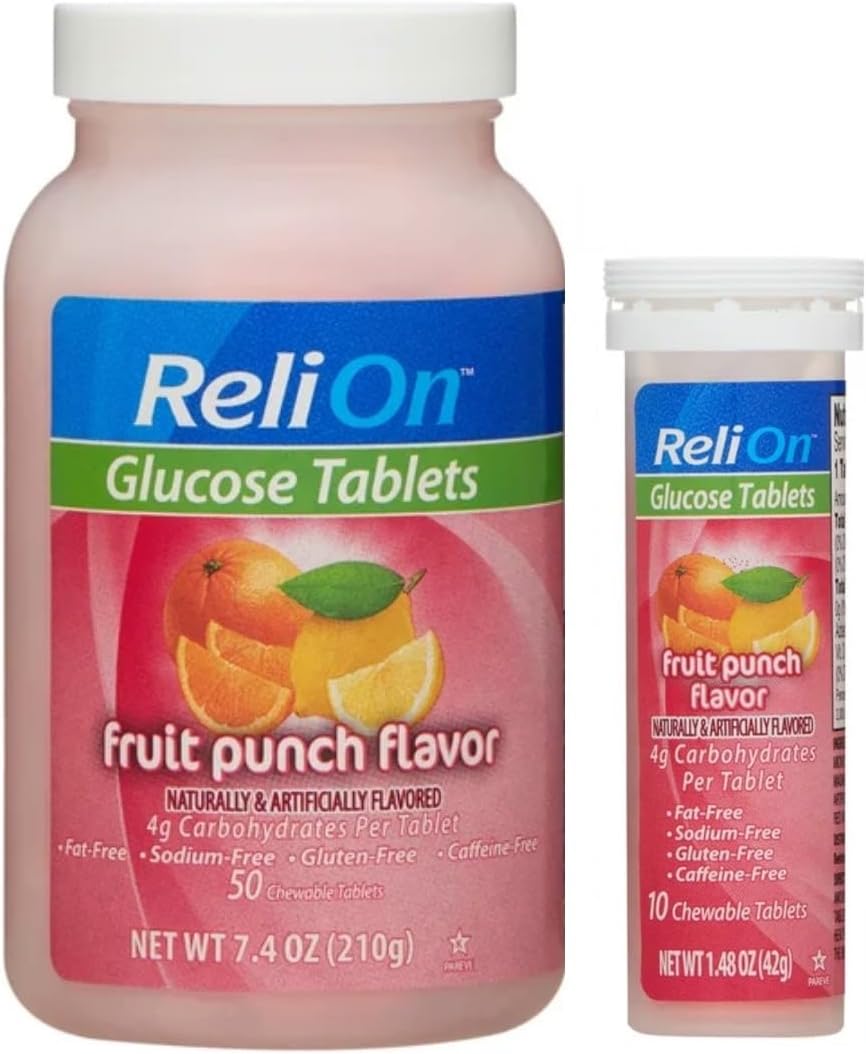 ReliOn Glucosa, 50 tabletas con tubo portátil, 10 tabletas (sabor a frutas)