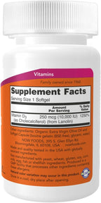 NOW Foods Vitamina D-3 Alta Potencia, 10.000 UI, 120 Cápsulas Blandas (Paquete de 2)