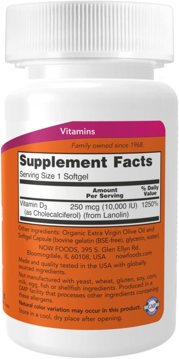NOW Foods Vitamina D-3 Alta Potencia, 10.000 UI, 120 Cápsulas Blandas (Paquete de 2)