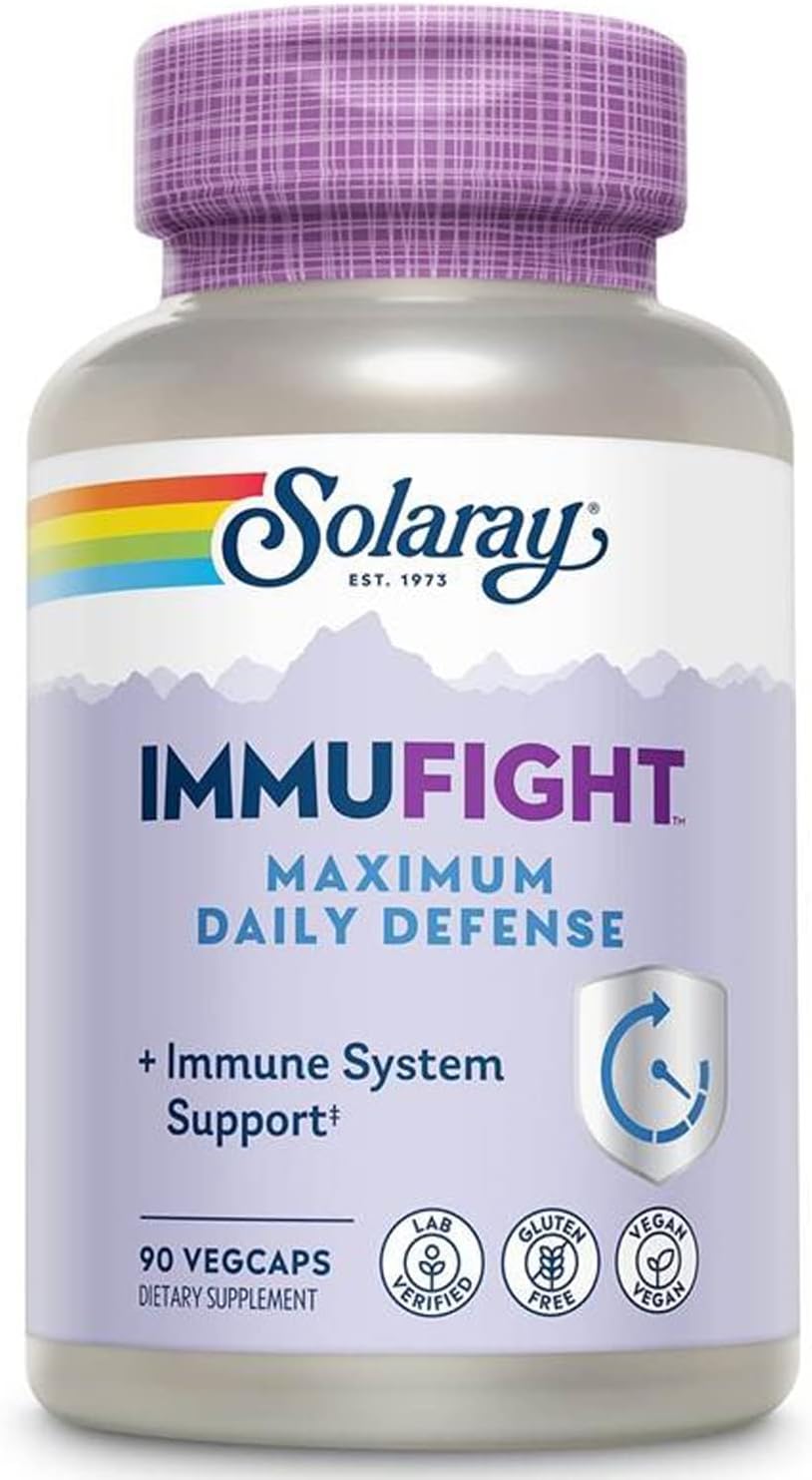 SOLARAY Immufight Maximum Daily Defense, All Day Immune Support, Vitamin C, Vitamin D, Zinc, Probiotics, Monolaurin, Acerola & More, Vegan & Gluten Free, 30 Servings, 90 VegCaps