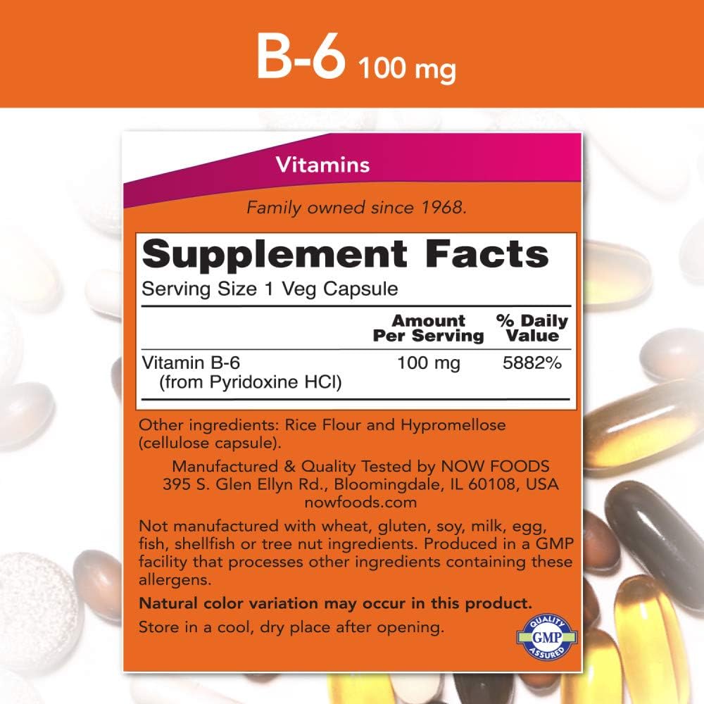 NOW Foods Vitamina B-6 100mg, 250 Cápsulas (Pack de 2)