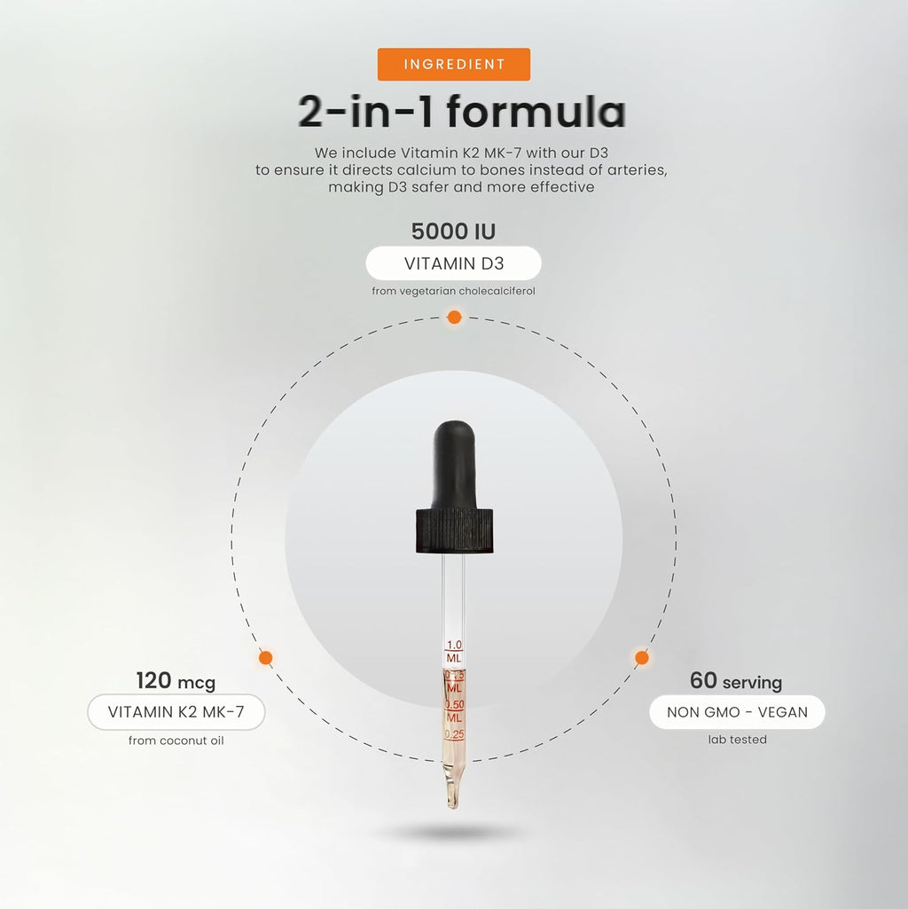 NutraChamps Vitamin D3 K2 Gotas, 5000 UI D3 + K2 MK-7, Líquido Sin Sabor