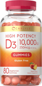 Carlyle Vitamina D3 10000 IU Gomitas para Adultos - Sabor Melocotón - 80 Gomitas - Vegetariano, No-GMO, Sin Gluten