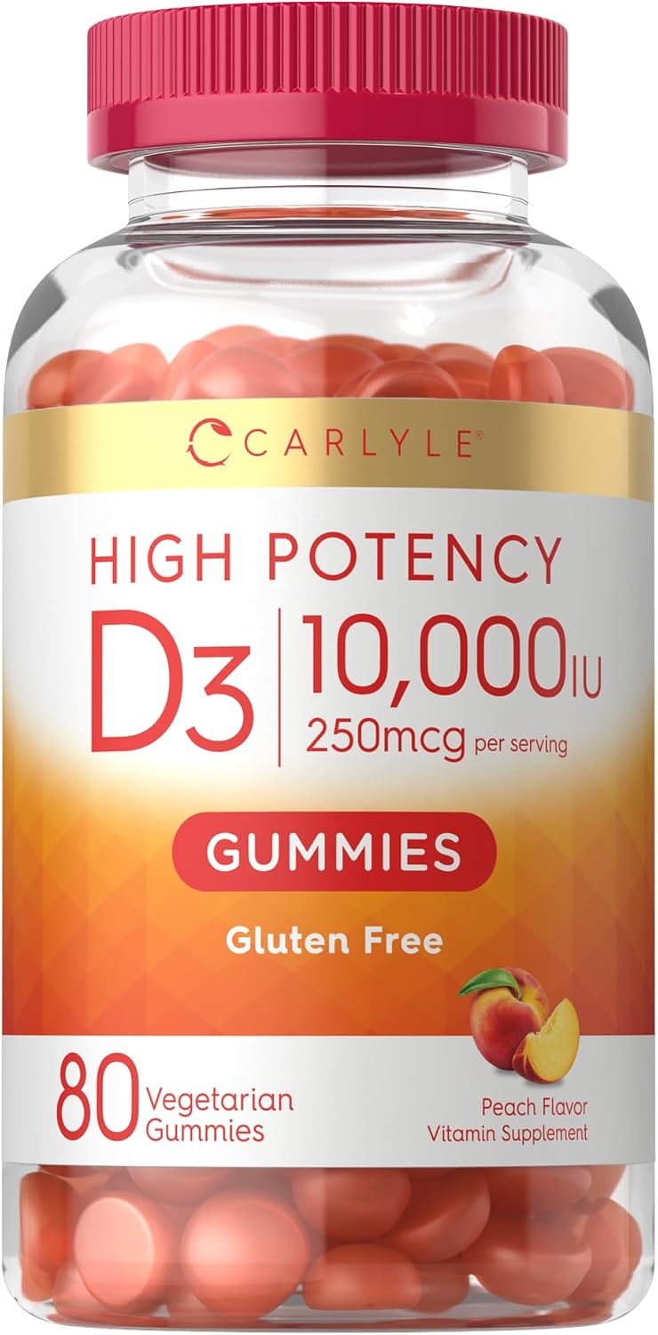 Carlyle Vitamina D3 10000 IU Gomitas para Adultos - Sabor Melocotón - 80 Gomitas - Vegetariano, No-GMO, Sin Gluten