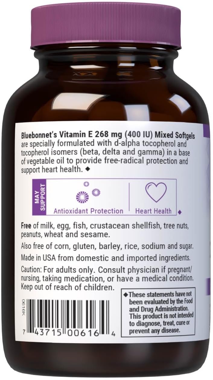 Bluebonnet Nutrition Vitamina E 400 UI (268 mg) con Tocoferoles Mixtos, 50 Cápsulas Blandas