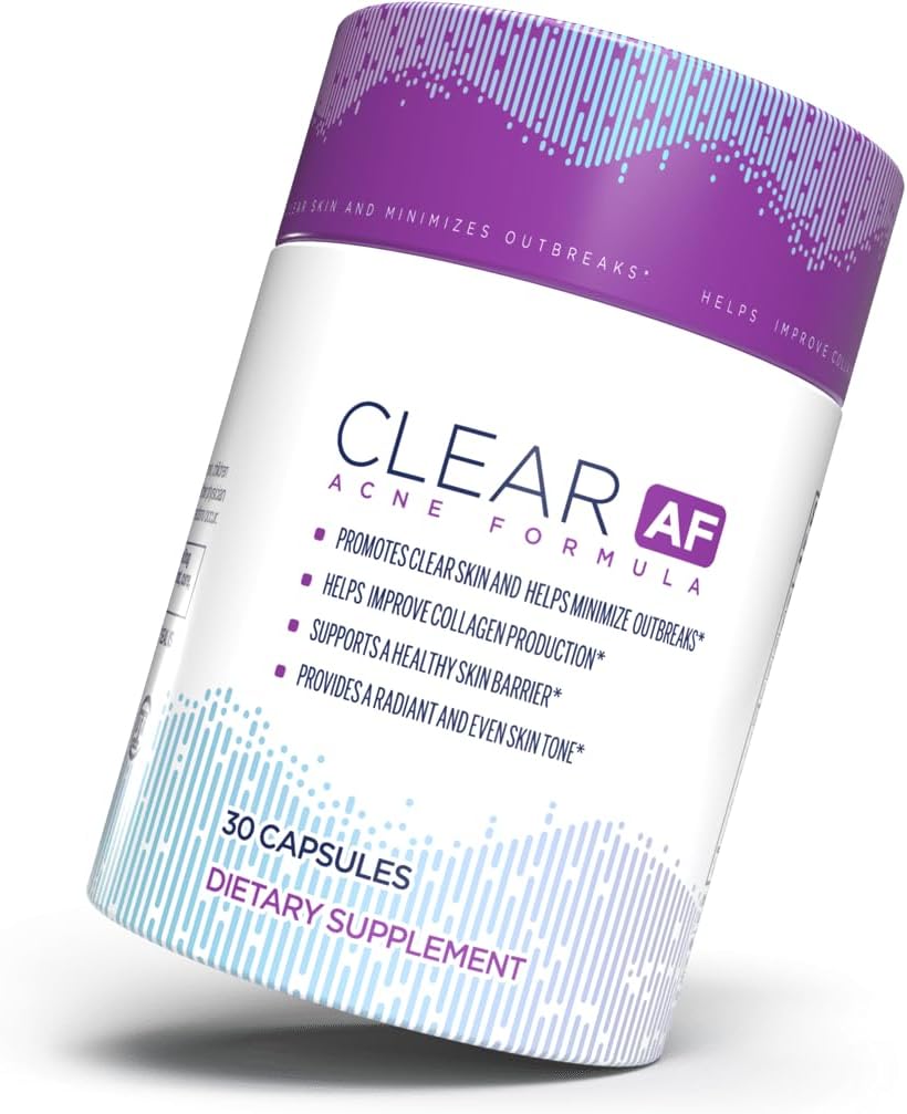Clear AF Clear Skin Supplement – Apoyo para la Barrera Cutánea, Hidratación y Complexión Saludable con Ceramidas Veganas, Zinc, Vitamina D3, B6, Riboflavina y Tiamina – Cápsulas Veganas – 30 Días