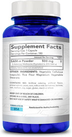 High Strength 500mg SAM E Supplement | S-Adenosyl Methionine Same Supplement for Bone Joint & Mood Support for Men and Women | Vegan Non-GMO & Made in US cGMP Labs (180 Veggie Capsules)
