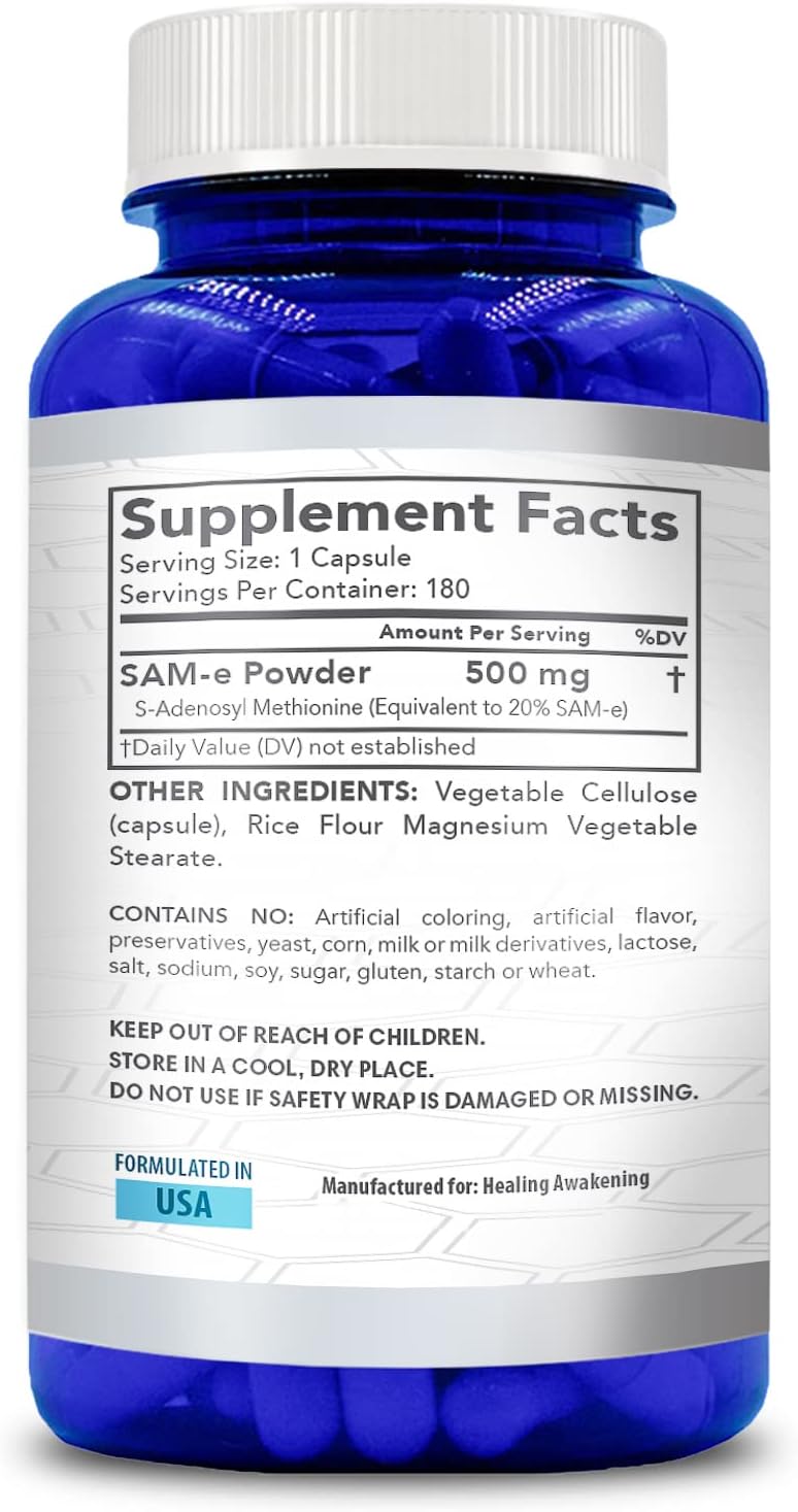 High Strength 500mg SAM E Supplement | S-Adenosyl Methionine Same Supplement for Bone Joint & Mood Support for Men and Women | Vegan Non-GMO & Made in US cGMP Labs (180 Veggie Capsules)