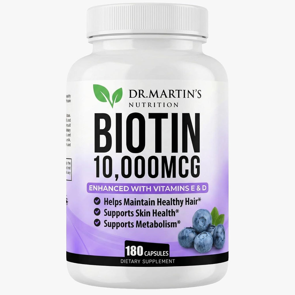 DR. MARTIN'S NUTRITION Biotina 10.000 mcg con Vitamina D3 y E, 180 Cápsulas