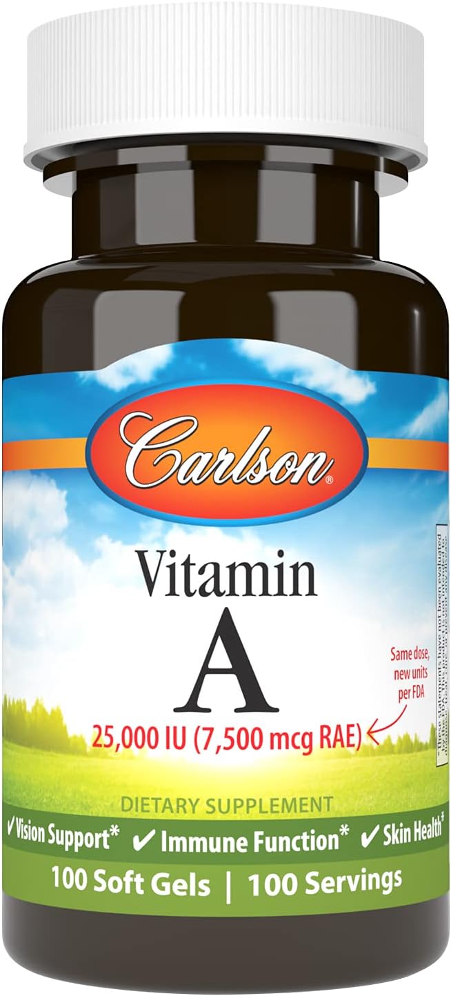 Carlson - Vitamin A, 25,000 IU (7,500 mcg RAE), For Vision and Skin, Immune Health, 100 Soft Gels