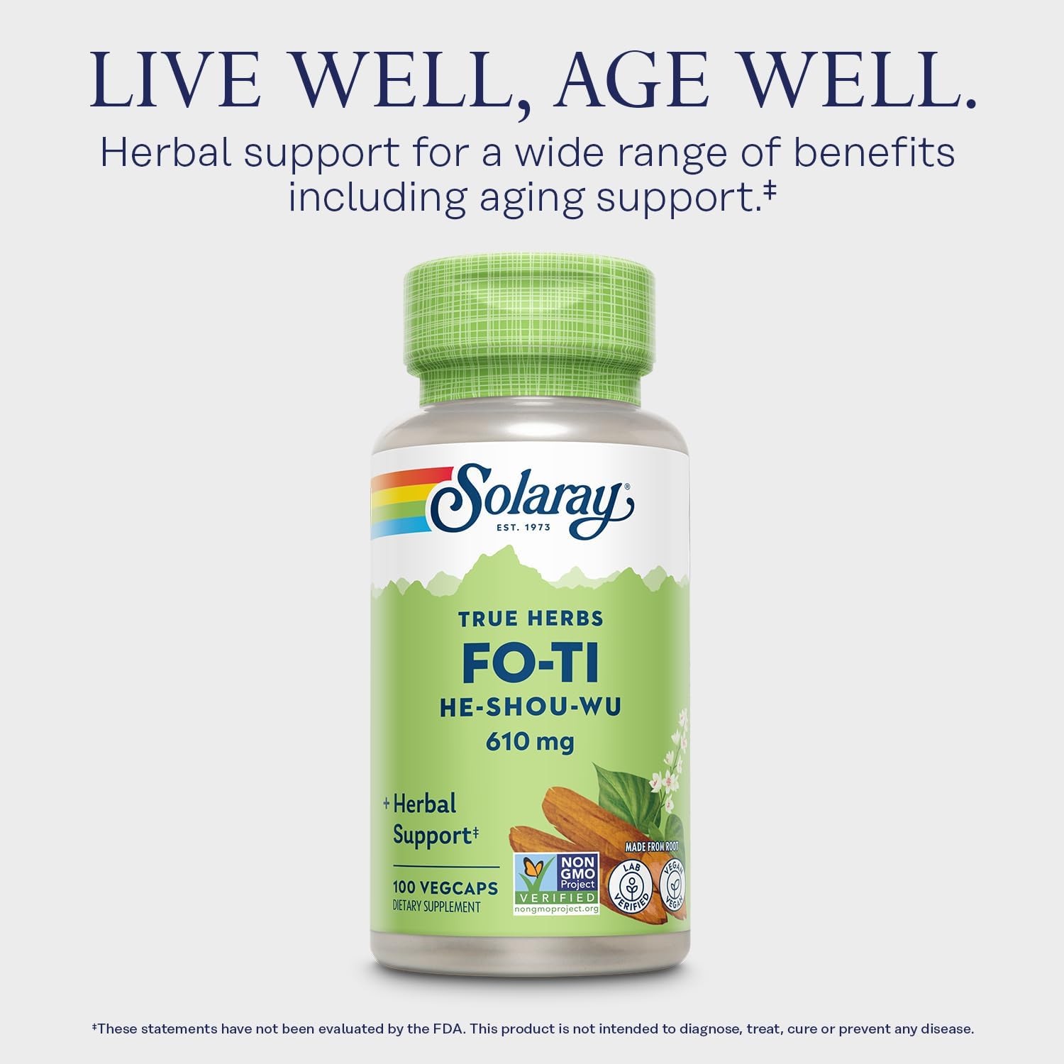 SOLARAY Fo-Ti Cápsulas - Suplemento Herbal Chino - 610 mg, 100 Cápsulas Vegetales