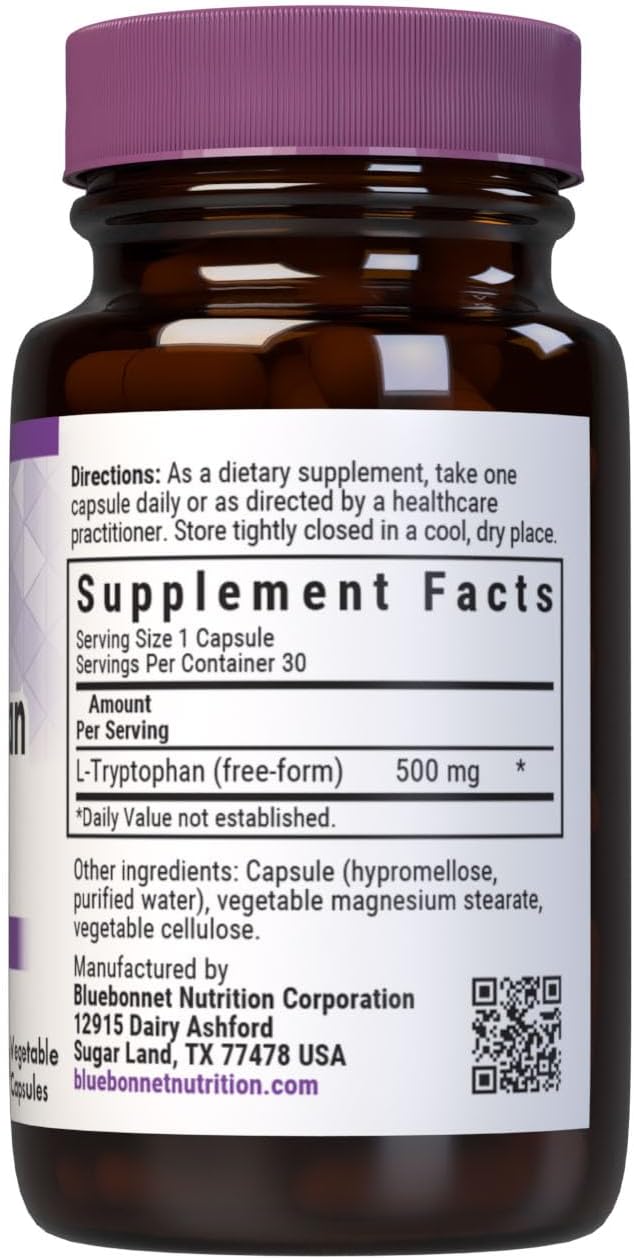Bluebonnet L-Tryptophan 500 mg - 30 Cápsulas Vegetales