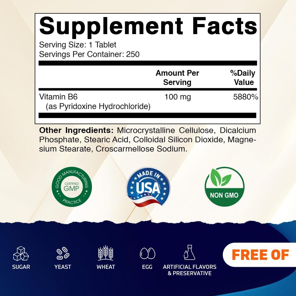 Vitamatic Vitamina B6 (Piridoxina HCl) 100 mg – 250 Comprimidos Vegetarianos – Apoyo Energético y Sistema Nervioso