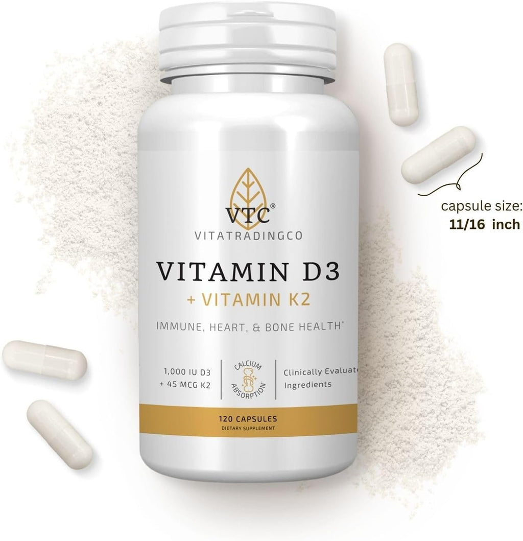 VTC VitaTradingCo. Vitamina D3 + K2 | Alta Potencia | 1000 UI D3 + 45 mcg MK-7 K2 | 120 Cápsulas