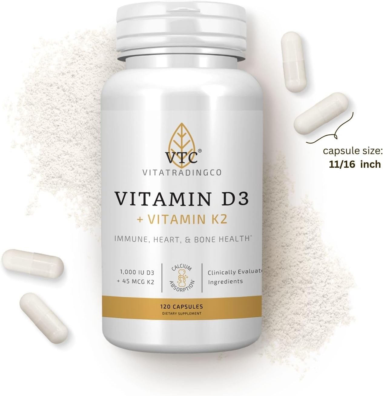 VTC VitaTradingCo. Vitamina D3 + K2 | Alta Potencia | 1000 UI D3 + 45 mcg MK-7 K2 | 120 Cápsulas