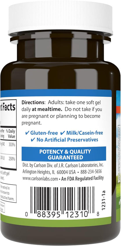 Carlson A & D, 10.000 UI (3.000 mcg RAE) Vitamina A, 5.000 UI (125 mcg) Vitamina D3, 100 Cápsulas Blandas – Image 3