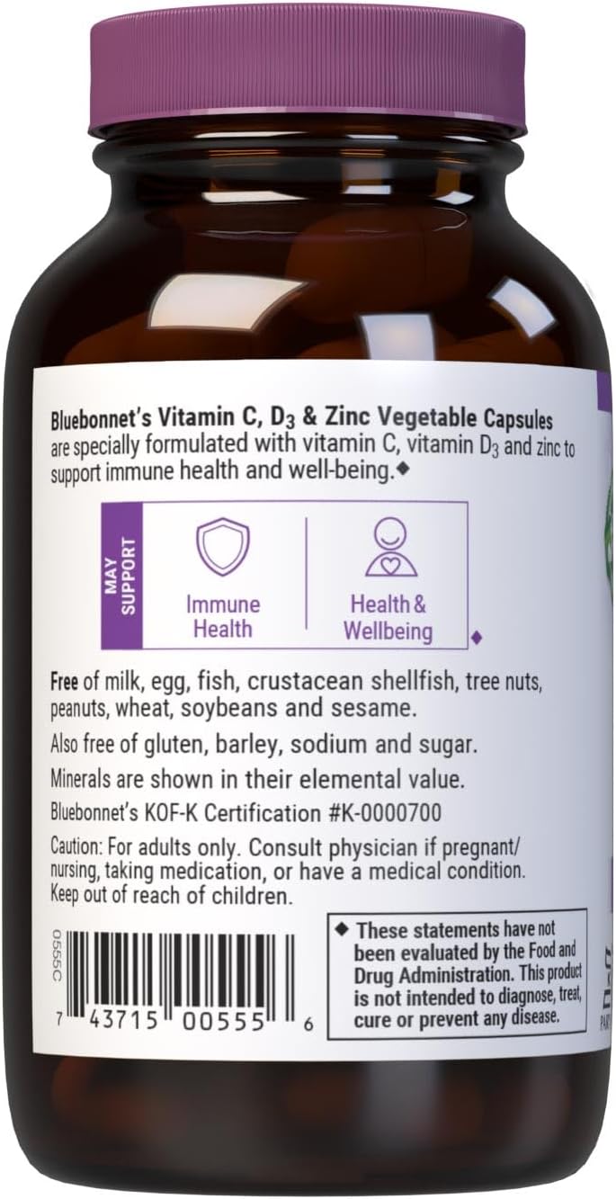 BlueBonnet Nutrition Vitamin C, D3 & Zinc – Complemento alimenticio con vitamina C, D3 y zinc, 50 cápsulas vegetales