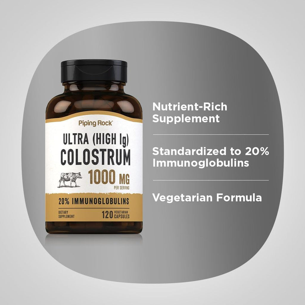 Piping Rock Colostrum Capsules 1000mg | 120 Capsules | Supplement for Women & Men | 20% Immunoglobulin | Vegetarian, Non-GMO, Gluten-Free