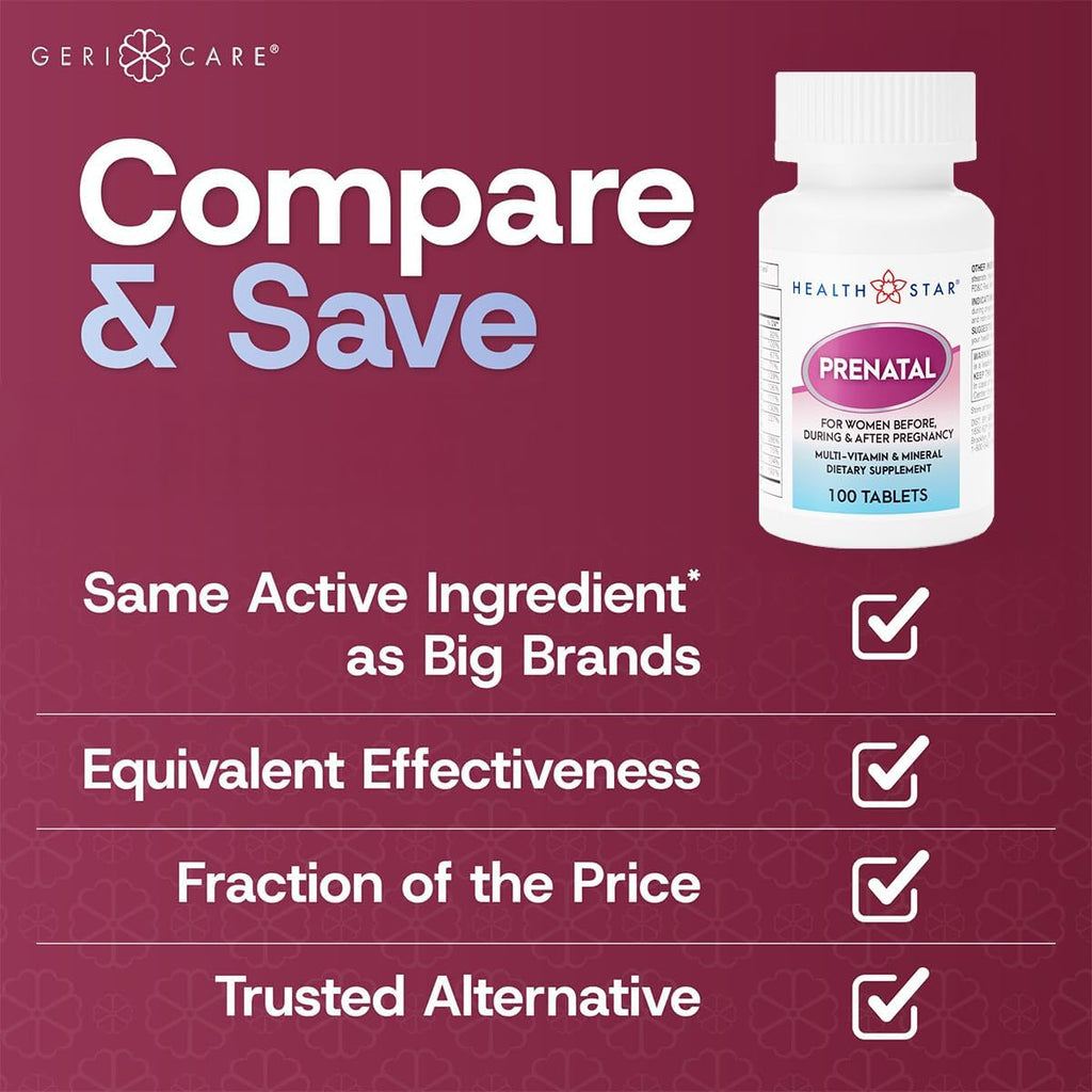 HealthStar Prenatal Multivitamin for Healthy Mom & Baby - Folate + Vitamin C + Vitamin D + Iron + Calcium + B12 - 100 Tablets