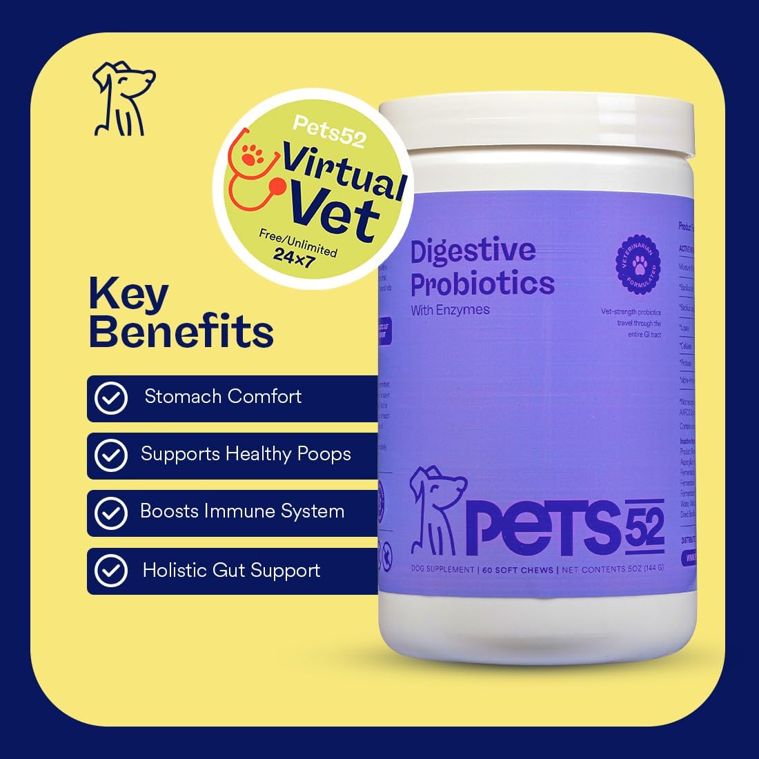 Pets 52 - Probióticos para Perros con Enzimas Digestivas - Apoya la Flora Intestinal, Refuerza el Sistema Inmunológico, Fórmula de Fuerza Veterinaria